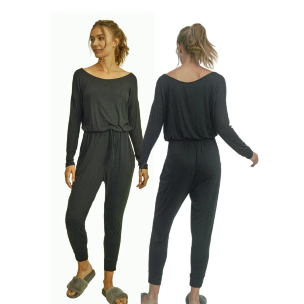 Cherish Jersey Knit Jumpsuit Pockets Olive Green Romper Women Size M